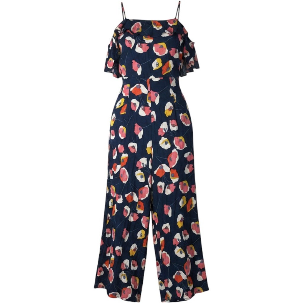 Navy Floral Ruffle Off Shoulder Wide Leg Jumpsuit Cold Shoulder Romper Medium